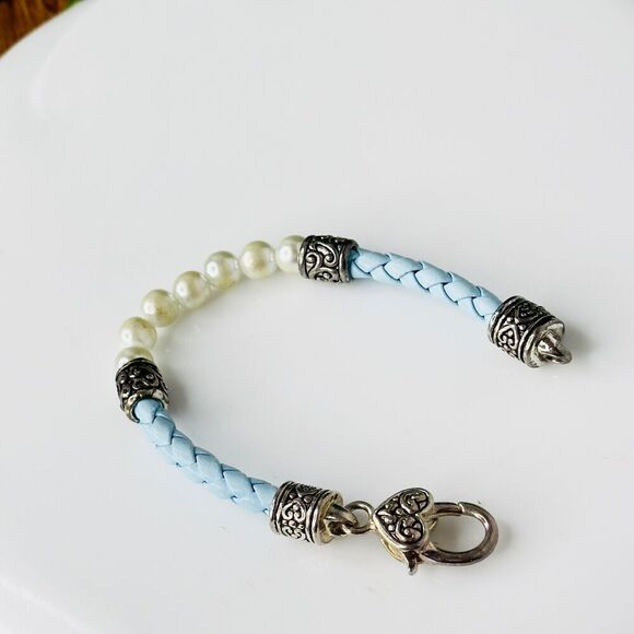 Vintage Faux Pearl & Baby Blue Leather Braided Bracelet Heart Lobster Clasp 4131 - Picture 6 of 10